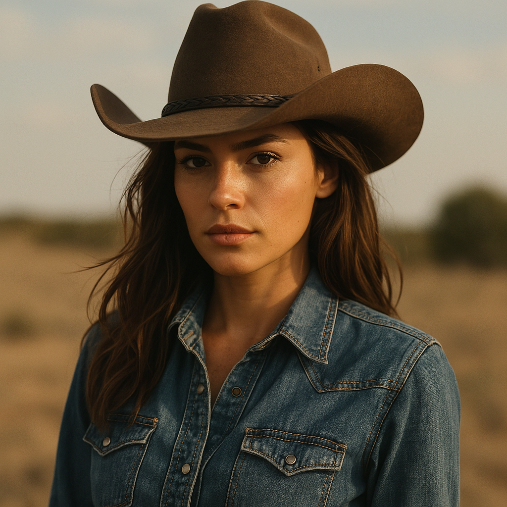 crea una foto realistica di una cowgirl con cappello. il rapporto della foto deve essere 1_1