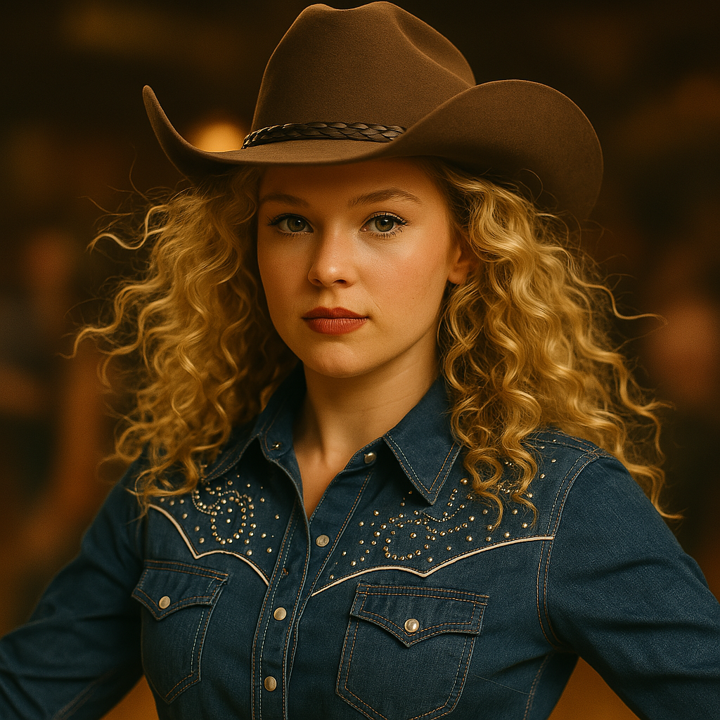 crea una foto realistica di una cowgirl dance con cappello e capelli biondi ricci. il rapporto della foto deve essere 1_1